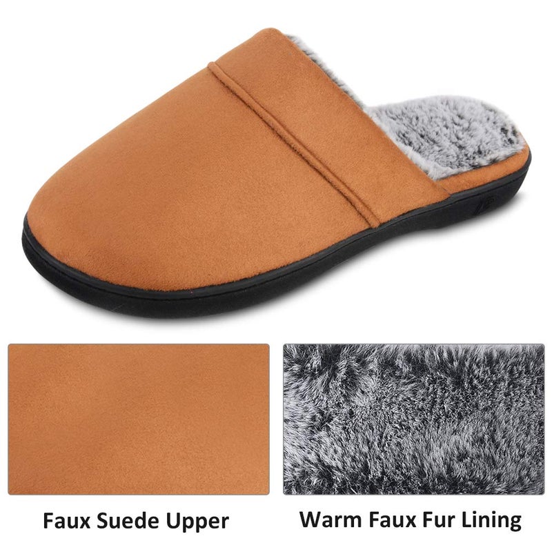 DL Men's Memory Foam Slippers with Fuzzy Plush Lining, Slip On House Slippers with Indoor Outdoor Anti-Skid Rubber Sole, Brown, 9-10 - Image 2